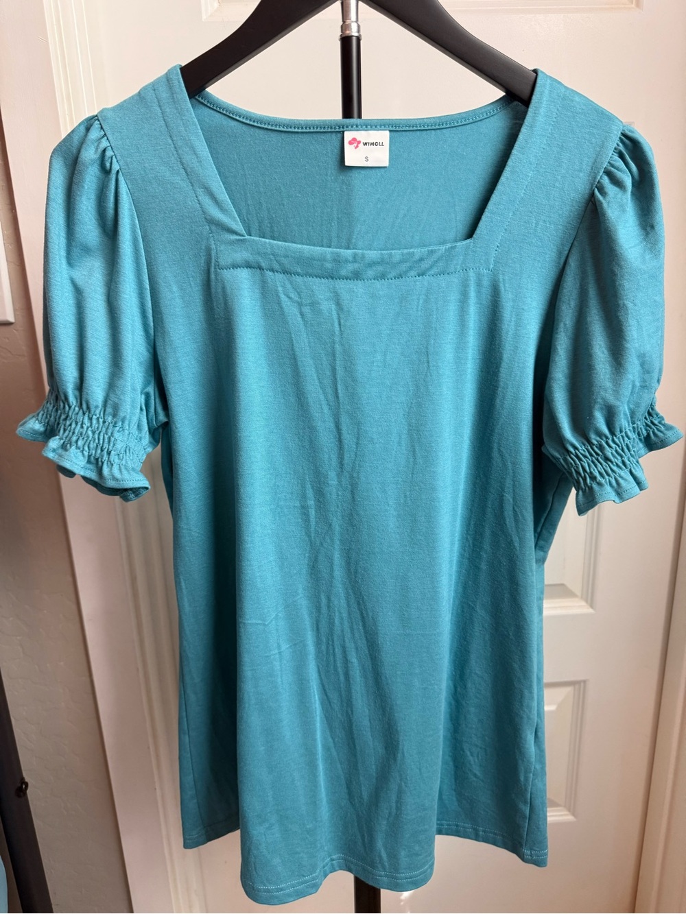 Teal Square-Neck Puff Sleeve Tunic